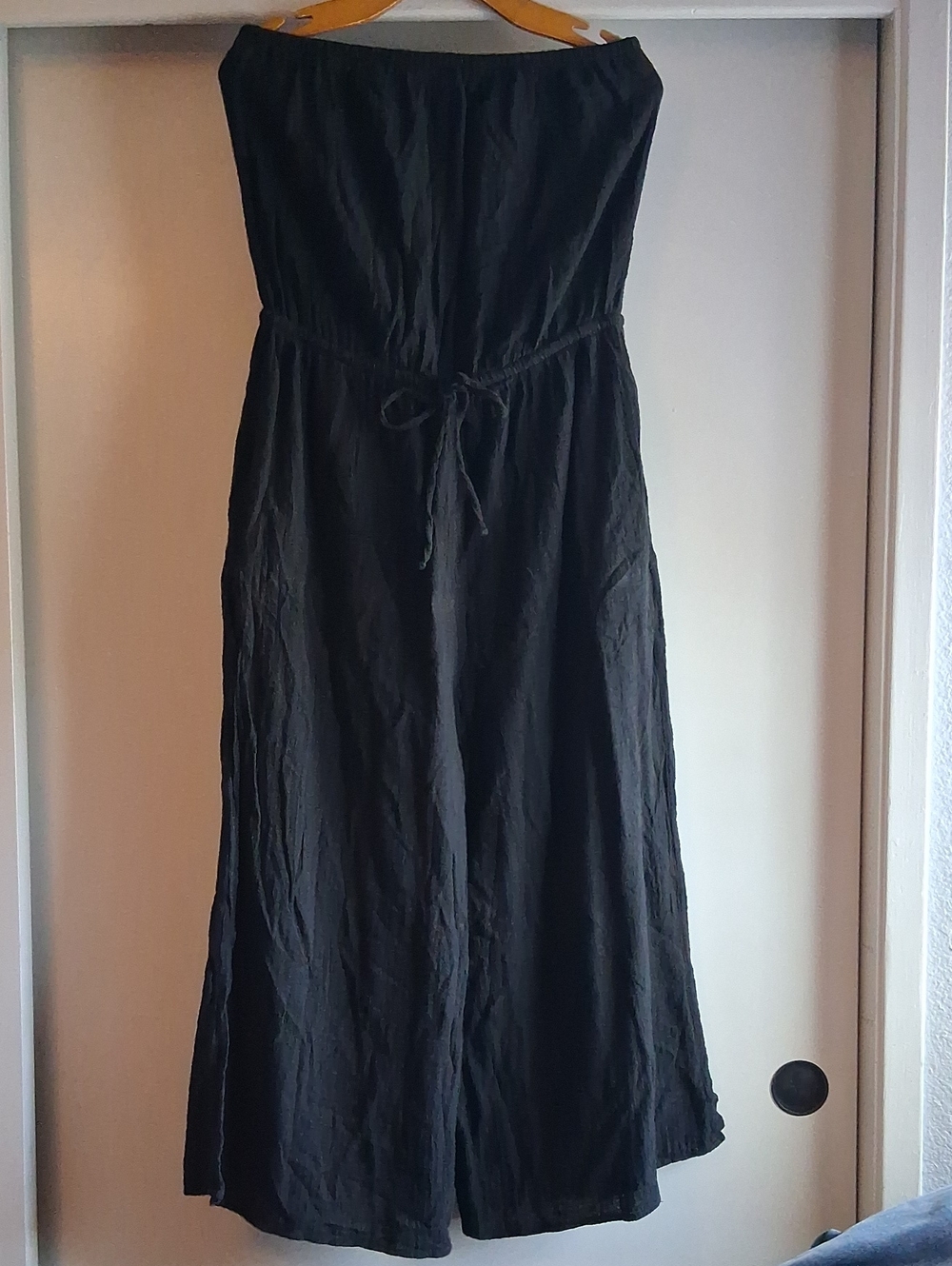 Aerie Pull-on Strapless Jumpsuit Black Gauzy Cotton Wide Leg Large